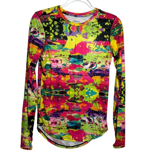 Asics Womens Long Sleeve Running Shirt Size Small Multicolor Abstract Print Top - Picture 1 of 6